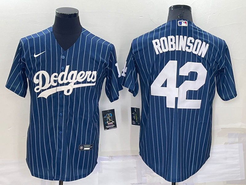 Los Angeles Dodgers #42 Jackie Robinson Navy Blue Pinstripe Stitched MLB Cool Base Nike Jersey