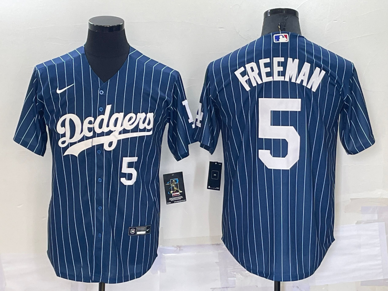 Los Angeles Dodgers #5 Freddie Freeman Number Navy Blue Pinstripe Stitched MLB Cool Base Nike Jersey