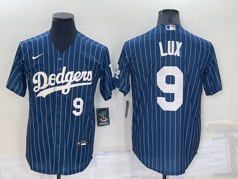 Los Angeles Dodgers #9 Gavin Lux Number Navy Blue Pinstripe Stitched MLB Cool Base Nike Jersey