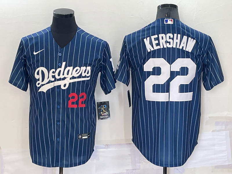 Los Angeles Dodgers #22 Clayton Kershaw Number Red Navy Blue Pinstripe Stitched MLB Cool Base Nike J