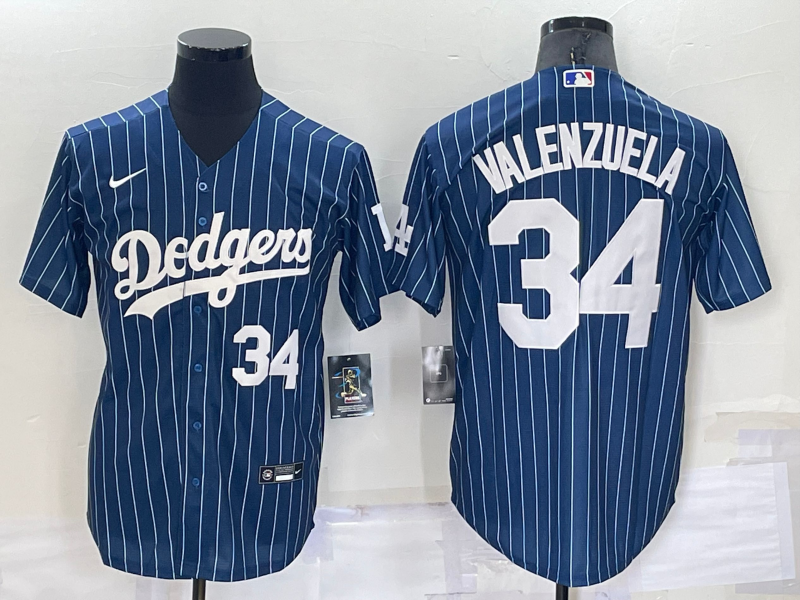 Los Angeles Dodgers #34 Fernando Valenzuela Number Navy Blue Pinstripe Stitched MLB Cool Base Nike J