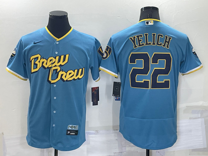 Milwaukee Brewers #22 Christian Yelich Blue 2022 City Connect Flex Base Stitched Jersey