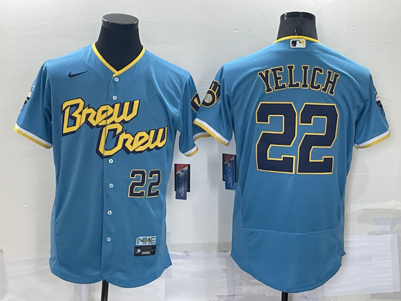 Milwaukee Brewers #22 Christian Yelich Number Blue 2022 City Connect Flex Base Stitched Jersey - Click Image to Close