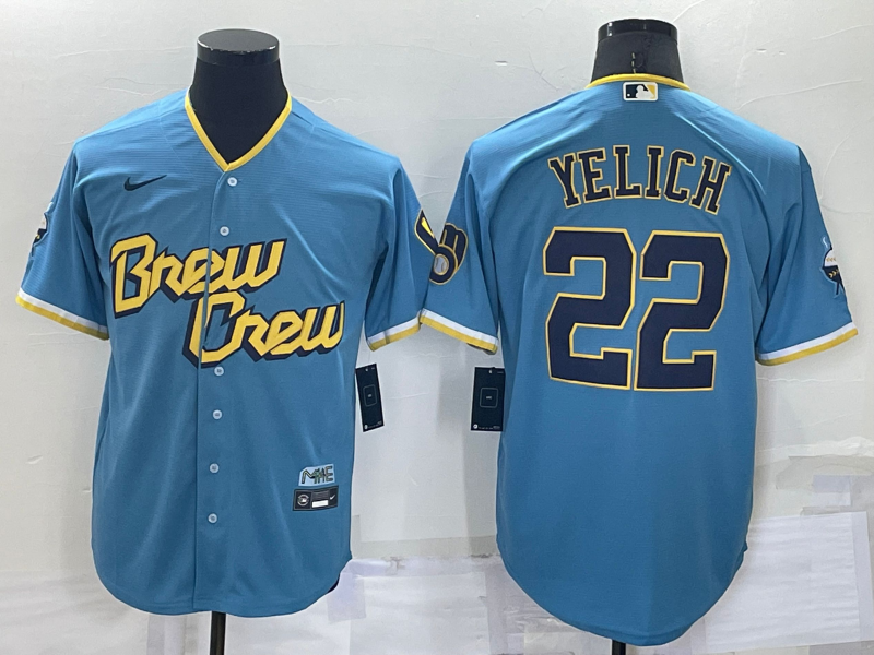Milwaukee Brewers #22 Christian Yelich Blue 2022 City Connect Cool Base Stitched Jersey
