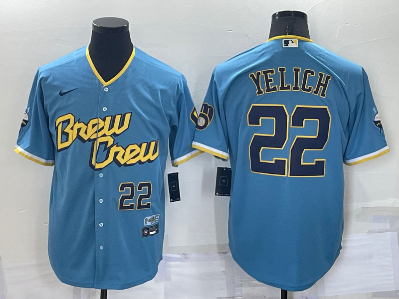Milwaukee Brewers #22 Christian Yelich Number Blue 2022 City Connect Cool Base Stitched Jersey - Click Image to Close
