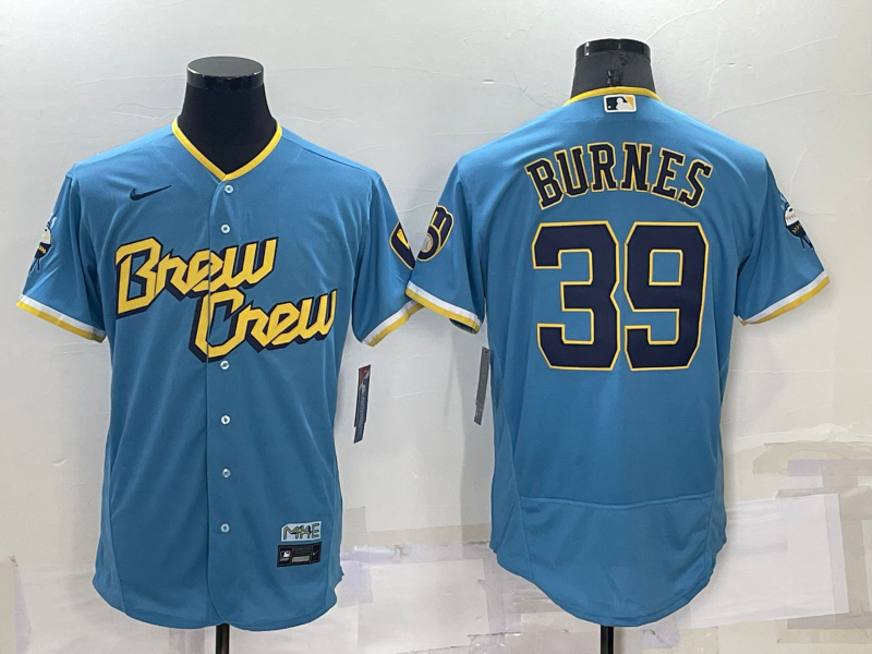 Milwaukee Brewers #39 Corbin Burnes Blue 2022 City Connect Flex Base Stitched Jersey