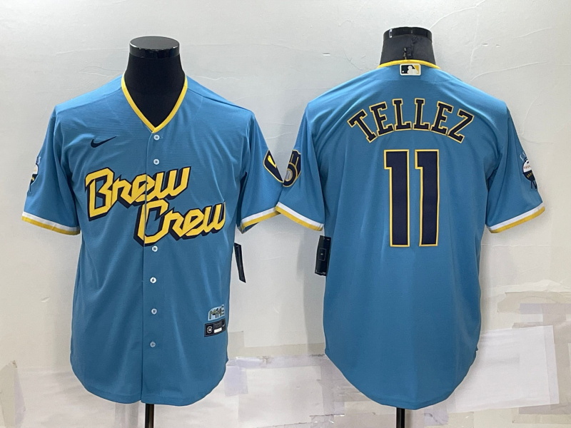 Milwaukee Brewers #11 Rowdy Tellez Blue 2022 City Connect Cool Base Stitched Jersey - Click Image to Close
