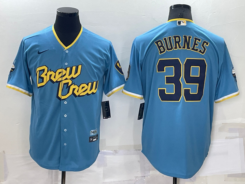 Milwaukee Brewers #39 Corbin Burnes Blue 2022 City Connect Cool Base Stitched Jersey - Click Image to Close
