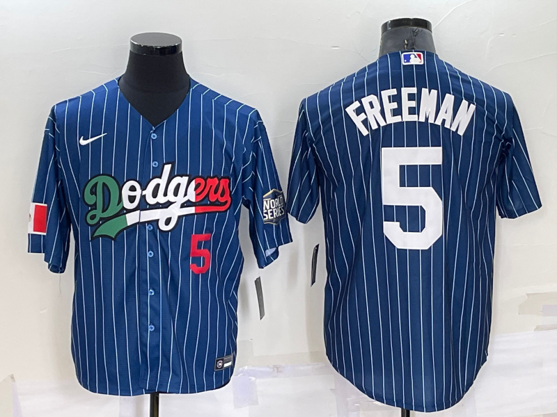 Los Angeles Dodgers #5 Freddie Freeman Number Navy Blue Pinstripe 2020 World Series Cool Base Nike J