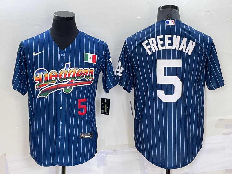 Los Angeles Dodgers #5 Freddie Freeman Number Rainbow Blue Red Pinstripe Mexico Cool Base Nike Jerse