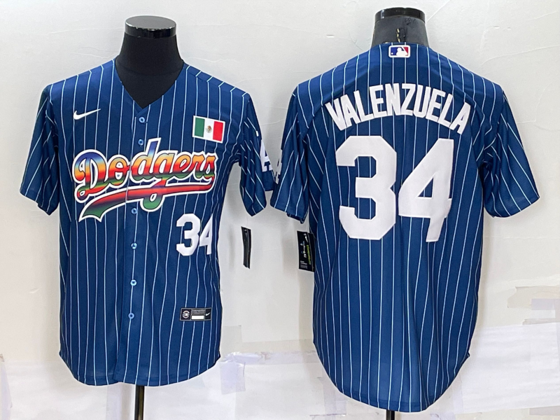 Los Angeles Dodgers #34 Fernando Valenzuela Number Rainbow Blue Red Pinstripe Mexico Cool Base Nike