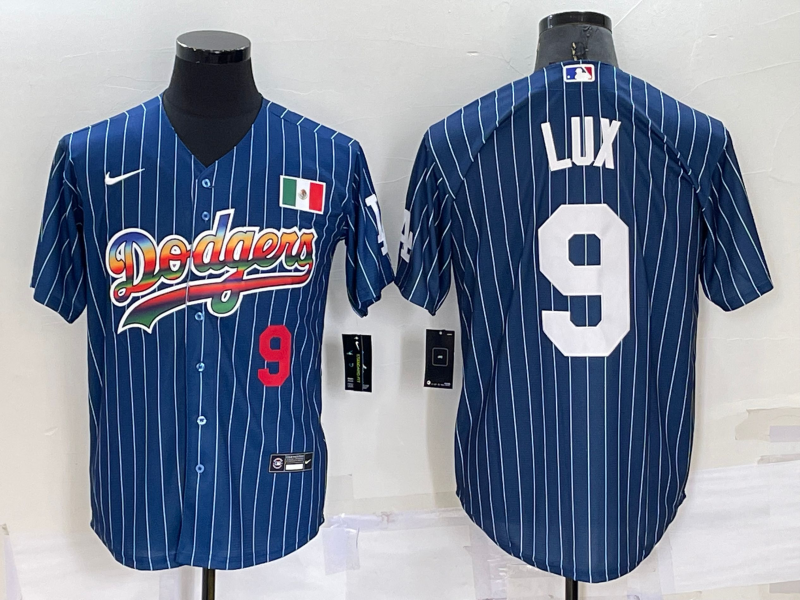 Los Angeles Dodgers #9 Gavin Lux Number Rainbow Blue Red Pinstripe Mexico Cool Base Nike Jersey