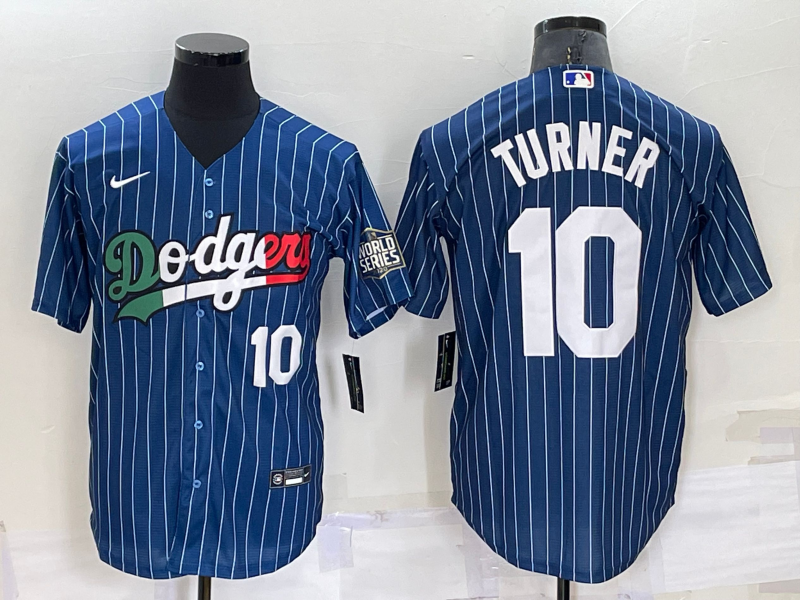 Los Angeles Dodgers #10 Justin Turner Number Navy Blue Pinstripe 2020 World Series Cool Base Nike Je