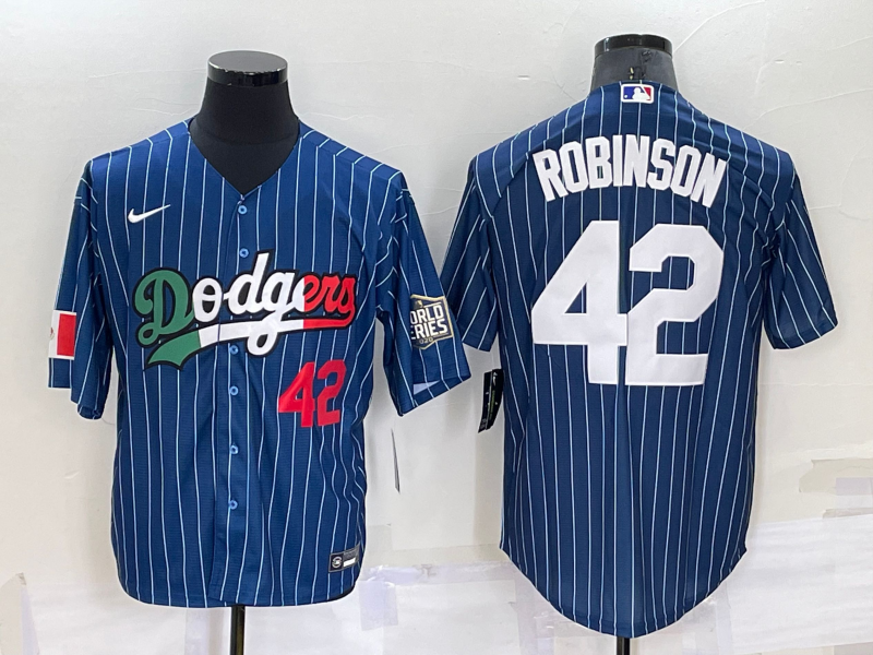 Los Angeles Dodgers #42 Jackie Robinson Number Navy Blue Pinstripe 2020 World Series Cool Base Nike