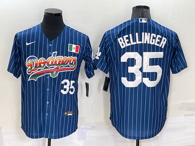 Los Angeles Dodgers #35 Cody Bellinger Number Rainbow Blue Red Pinstripe Mexico Cool Base Nike Jerse