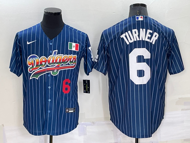 Los Angeles Dodgers #6 Trea Turner Number Rainbow Blue Red Pinstripe Mexico Cool Base Nike Jersey - Click Image to Close