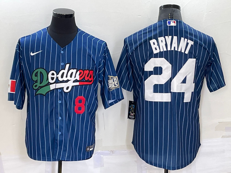 Los Angeles Dodgers #8 #24 Kobe Bryant Number Navy Blue Pinstripe 2020 World Series Cool Base Nike J