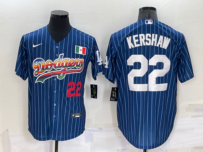 Los Angeles Dodgers #22 Clayton Kershaw Number Rainbow Blue Red Pinstripe Mexico Cool Base Nike Jers