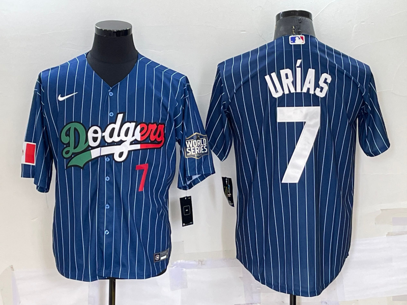 Los Angeles Dodgers #7 Julio Urias Number Navy Blue Pinstripe 2020 World Series Cool Base Nike Jerse