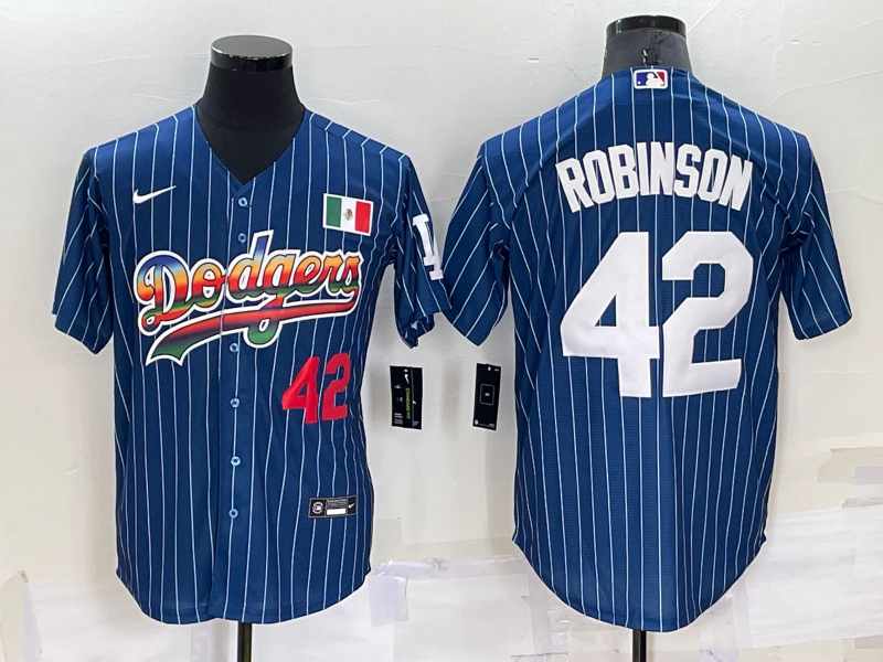 Los Angeles Dodgers #42 Jackie Robinson Number Rainbow Blue Red Pinstripe Mexico Cool Base Nike Jers