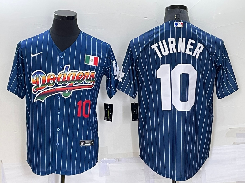 Los Angeles Dodgers #10 Justin Turner Number Rainbow Blue Red Pinstripe Mexico Cool Base Nike Jersey
