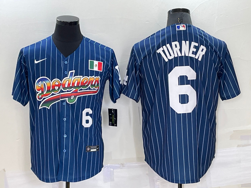 Los Angeles Dodgers #6 Trea Turner Number Rainbow Blue Red Pinstripe Mexico Cool Base Nike Jersey