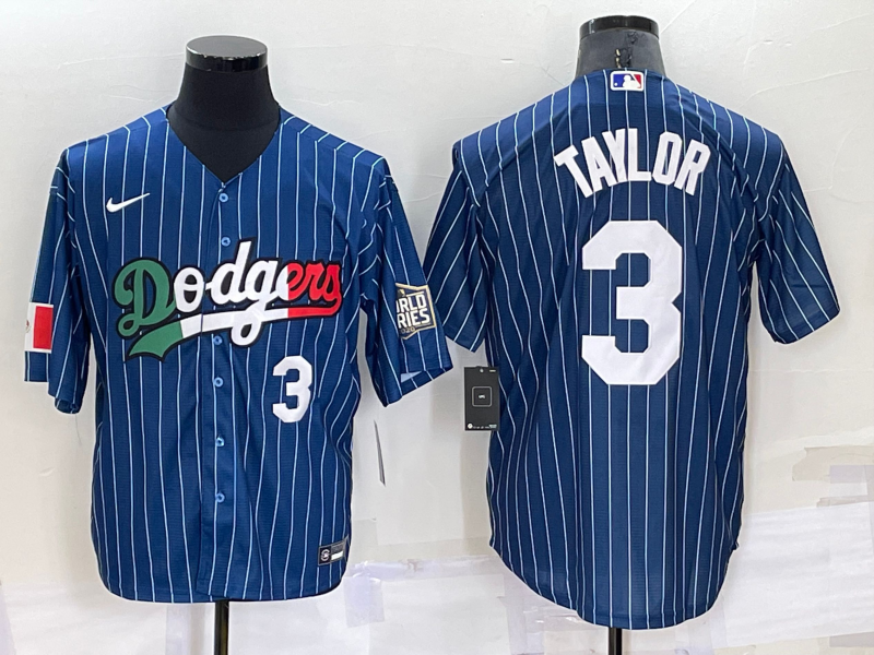 Los Angeles Dodgers #3 Chris Taylor Number Navy Blue Pinstripe 2020 World Series Cool Base Nike Jers