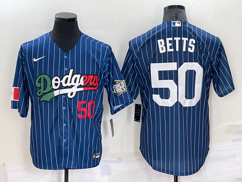 Los Angeles Dodgers #50 Mookie Betts Number Navy Blue Pinstripe 2020 World Series Cool Base Nike Jer