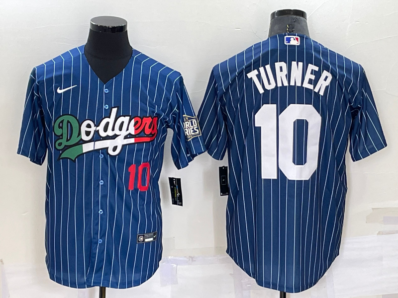 Los Angeles Dodgers #10 Justin Turner Number Navy Blue Pinstripe 2020 World Series Cool Base Nike Je