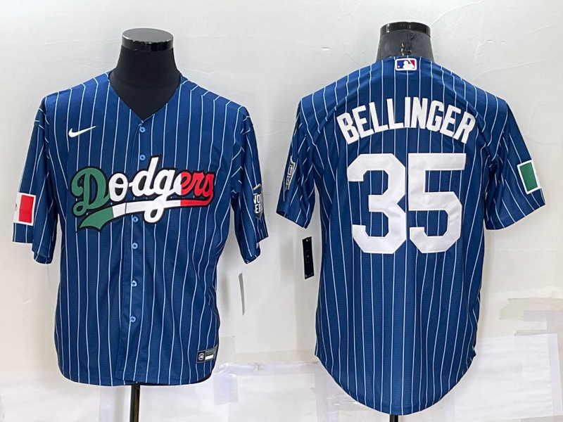 Los Angeles Dodgers #35 Cody Bellinger Navy Blue Pinstripe Mexico 2020 World Series Cool Base Nike J