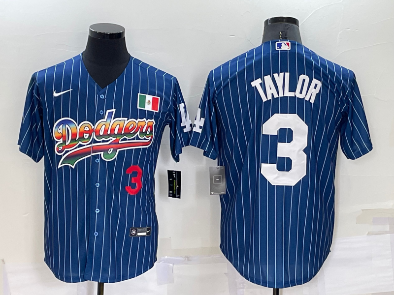 Los Angeles Dodgers #3 Chris Taylor Number Rainbow Blue Red Pinstripe Mexico Cool Base Nike Jersey