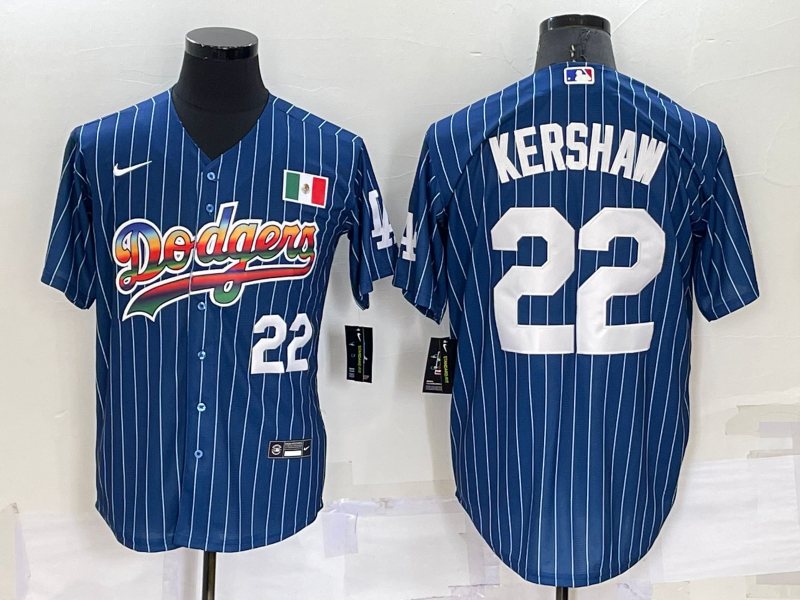 Los Angeles Dodgers #22 Clayton Kershaw Number Rainbow Blue Red Pinstripe Mexico Cool Base Nike Jers