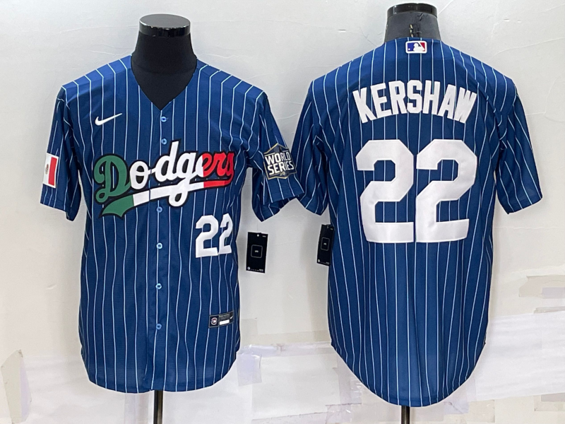 Los Angeles Dodgers #22 Clayton Kershaw Number Navy Blue Pinstripe 2020 World Series Cool Base Nike