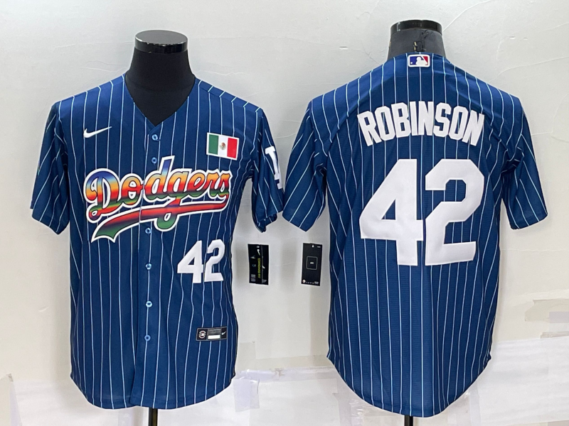 Los Angeles Dodgers #42 Jackie Robinson Number Rainbow Blue Red Pinstripe Mexico Cool Base Nike Jers