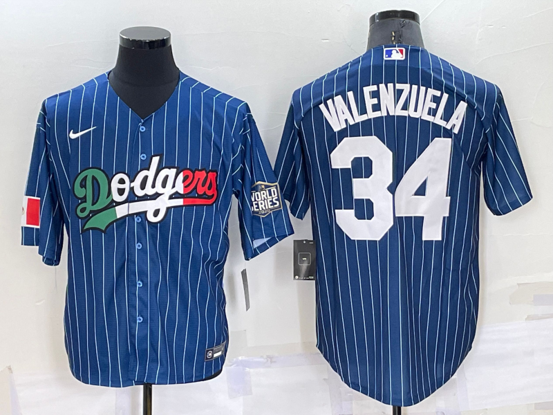 Los Angeles Dodgers #34 Fernando Valenzuela Navy Blue Pinstripe 2020 World Series Cool Base Nike Jer