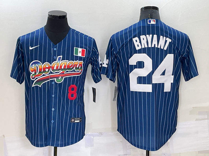 Los Angeles Dodgers #8 #24 Kobe Bryant Number Rainbow Blue Red Pinstripe Mexico Cool Base Nike Jerse