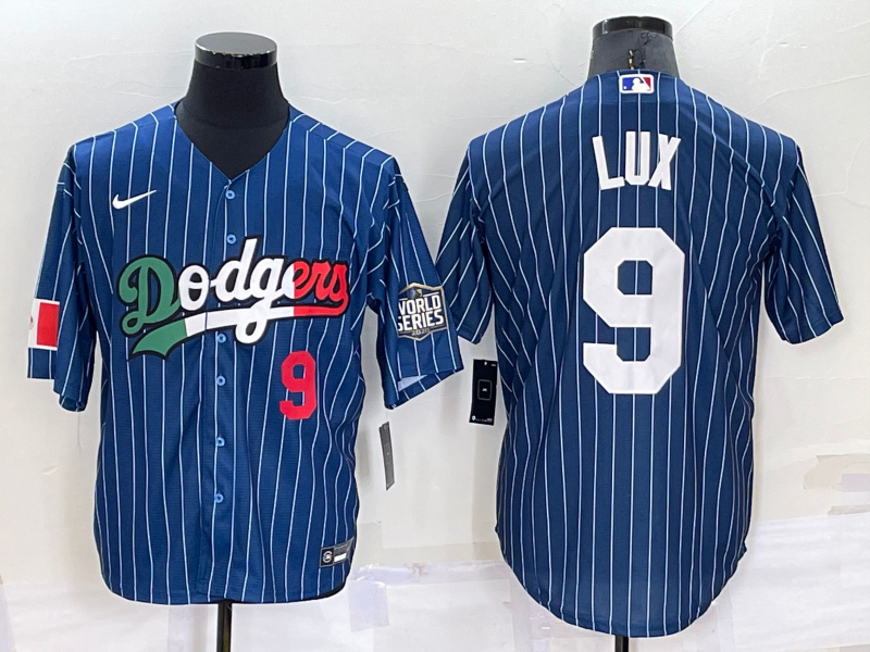 Los Angeles Dodgers #9 Gavin Lux Number Navy Blue Pinstripe 2020 World Series Cool Base Nike Jersey