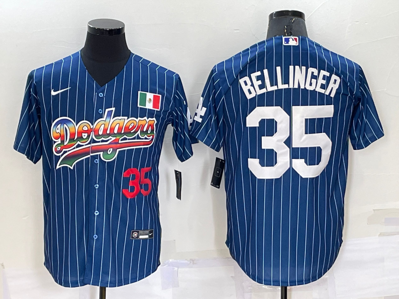 Los Angeles Dodgers #35 Cody Bellinger Number Navy Blue Pinstripe Mexico 2020 World Series Cool Base