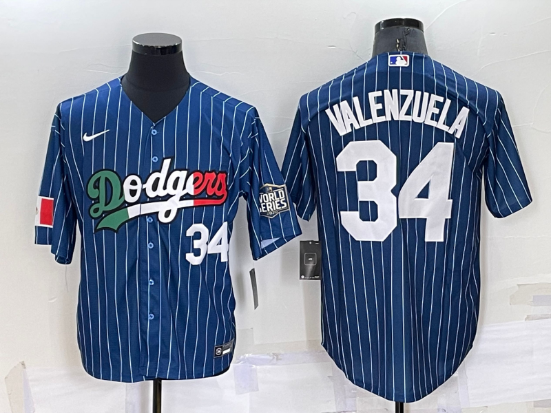 Los Angeles Dodgers #34 Fernando Valenzuela Number Navy Blue Pinstripe Mexico 2020 World Series Cool