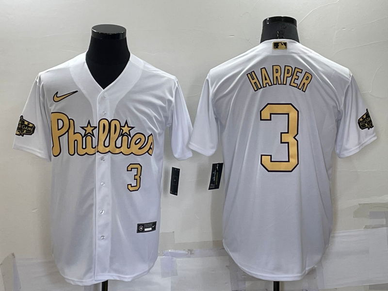 Philadelphia Phillies #3 Bryce Harper Number White 2022 All Star Stitched Cool Base Nike Jersey - Click Image to Close