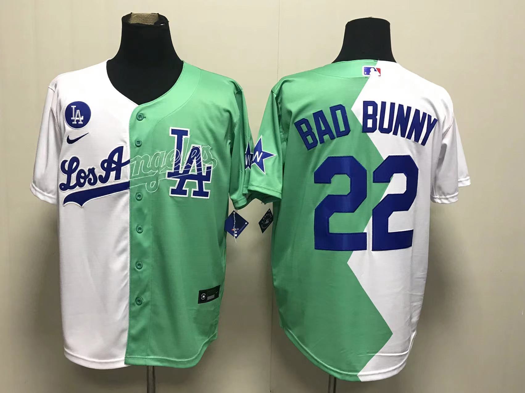 Los Angeles Dodgers #22 Bad Bunny White Green 2022 Celebrity Softball Game Cool Base Jersey
