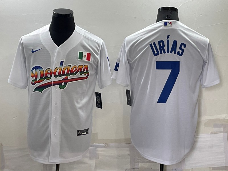 Los Angeles Dodgers #7 Julio Urias Rainbow White Mexico Cool Base Nike Jersey - Click Image to Close
