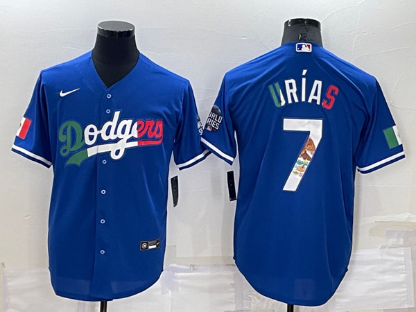 Los Angeles Dodgers #7 Julio Urias Royal Mexico Cool Base Stitched Baseball Jersey - Click Image to Close