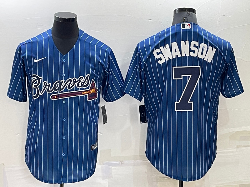 Atlanta Braves #7 Dansby Swanson Navy Blue Pinstripe Stitched MLB Cool Base Nike Jersey