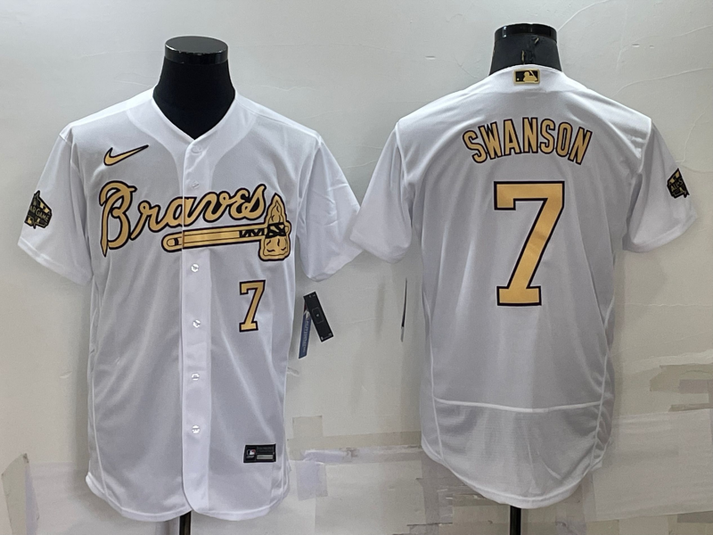 Atlanta Braves #7 Dansby Swanson White Number 2022 All Star Stitched Flex Base Nike Jersey