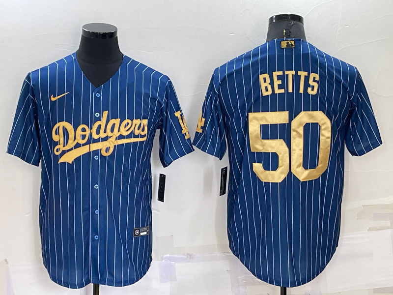 Los Angeles Dodgers #50 Mookie Betts Navy Blue Gold Pinstripe Stitched MLB Cool Base Nike Jersey