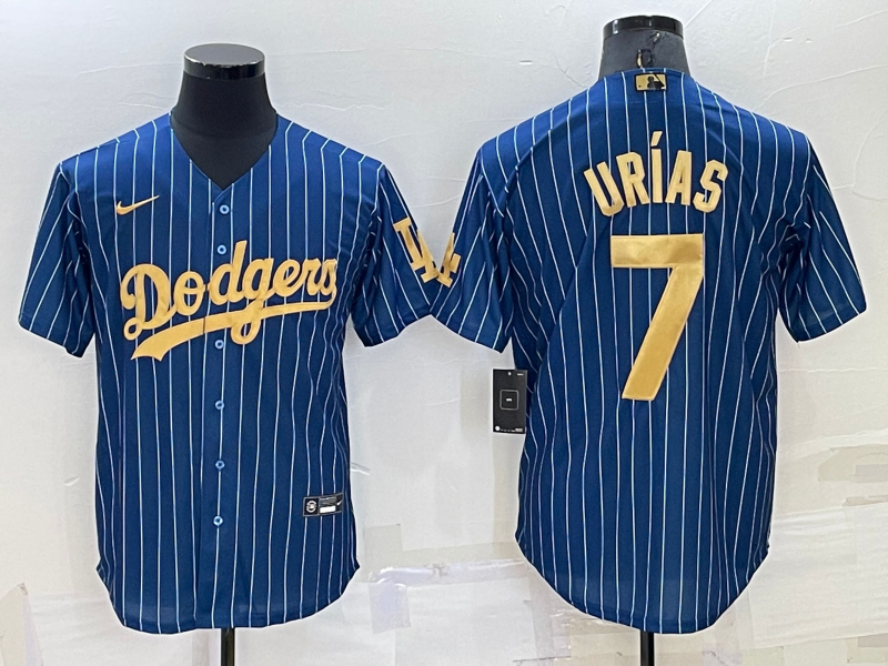 Los Angeles Dodgers #7 Julio Urias Navy Blue Gold Pinstripe Stitched MLB Cool Base Nike Jersey