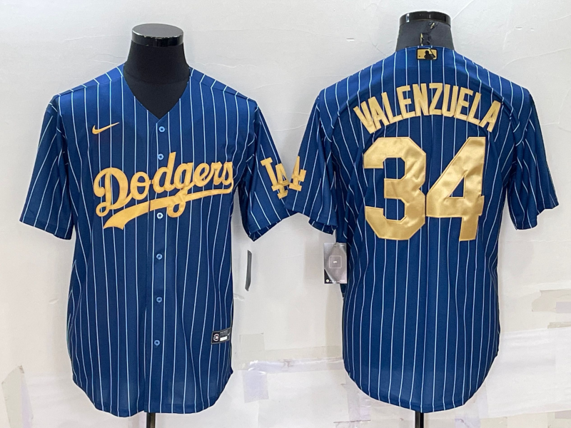 Los Angeles Dodgers #34 Fernando Valenzuela Navy Blue Gold Pinstripe Stitched MLB Cool Base Nike Jer