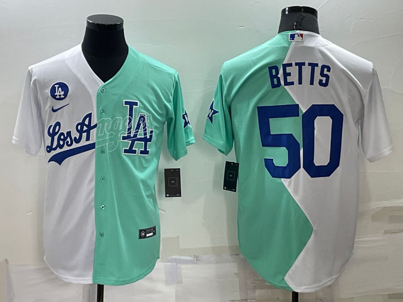 Los Angeles Dodgers #50 Mookie Betts White Green Two Tone 2022 Celebrity Softball Game Cool Base Jer