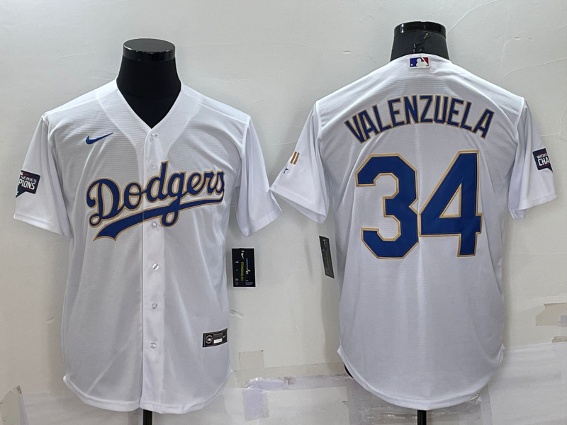 Los Angeles Dodgers #34 Fernando Valenzuela White Gold Championship Stitched MLB Cool Base Nike Jers